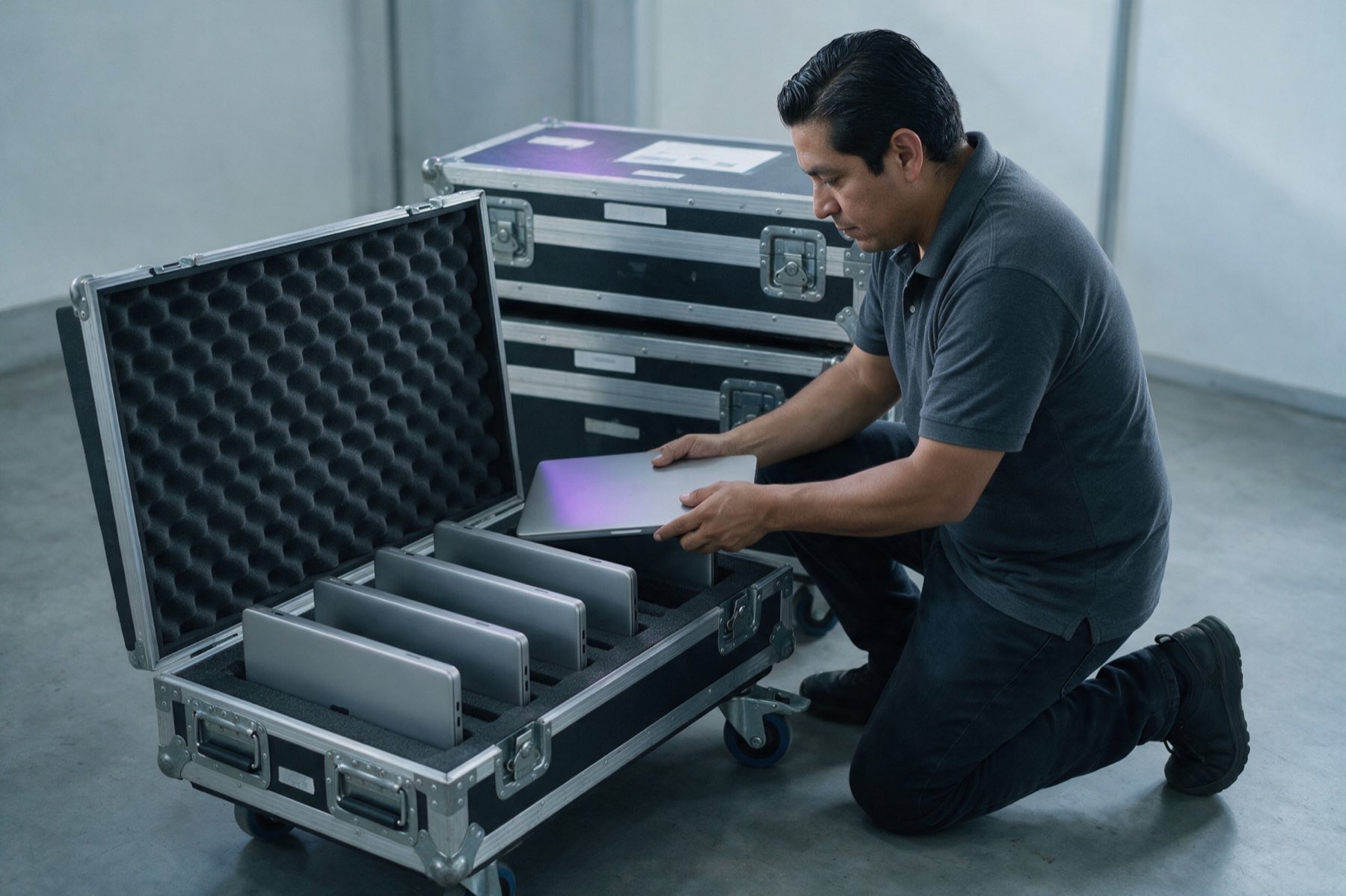 Técnico de SHOPPFUN acomodando laptops en un estuche rígido con espuma troquelada para su despliegue.