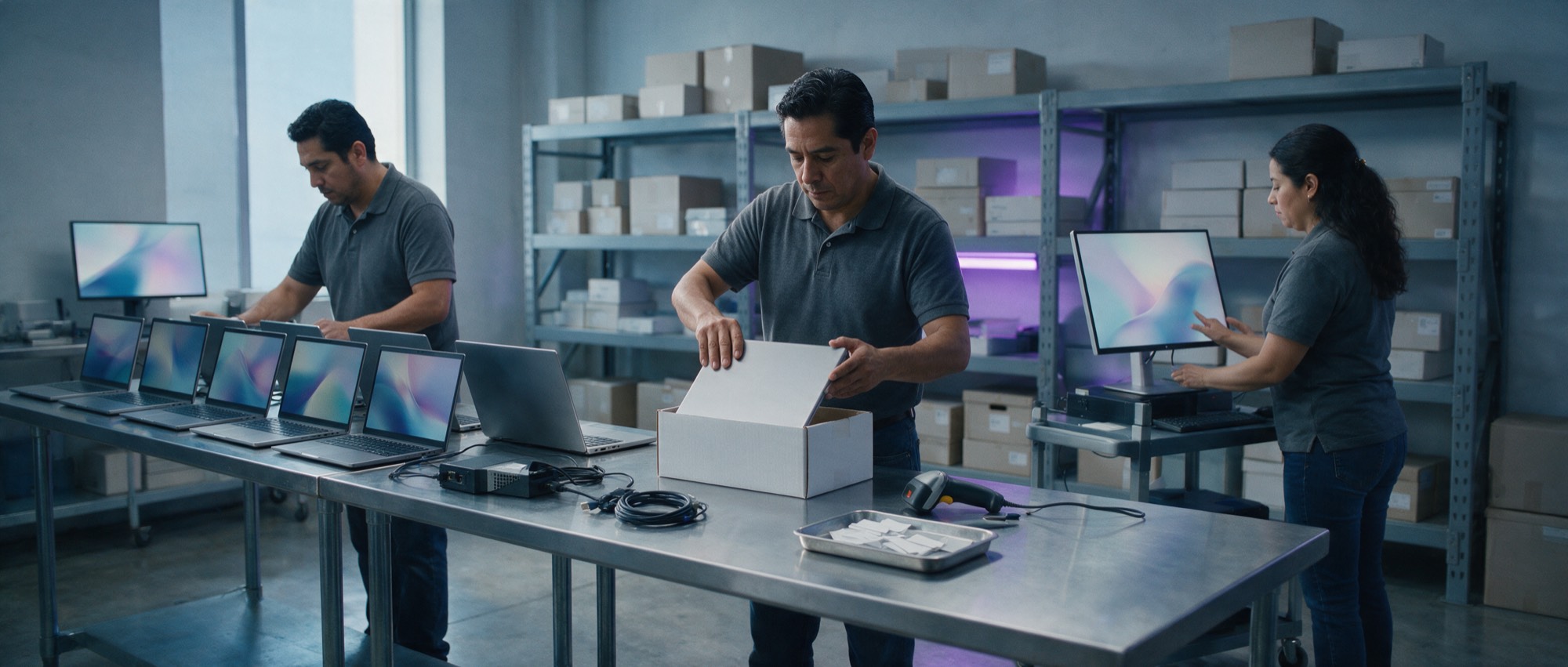 Banco de preparación de SHOPPFUN: un técnico configura una hilera de laptops, otro empaca una unidad y una tercera revisa un monitor sobre un carro.